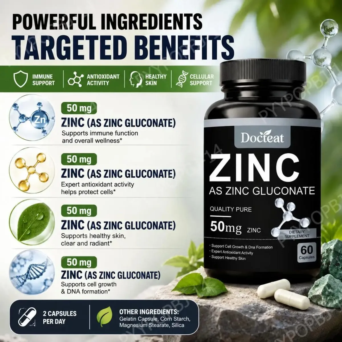Docteat Zinc As Zinc Gluconate Capsules 50 Mg Zinc Per Serving Immune Support Antioxidant Activity Healthy Skin 60 Capsules