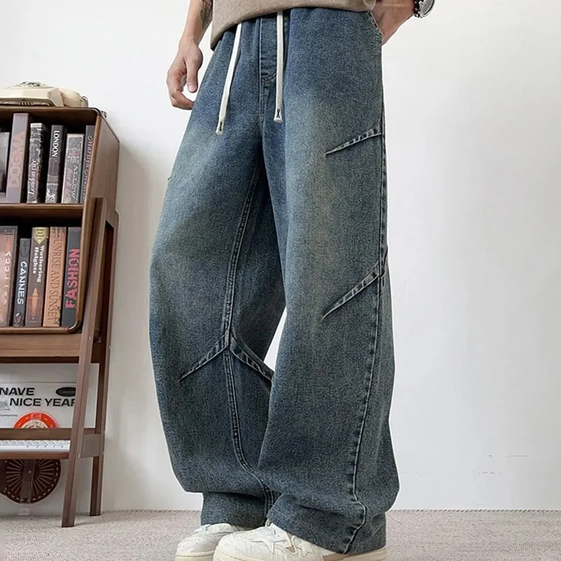Spring And Summer Korean Retro Men'S Jeans Loose Wide Leg Pants Casual Straight Leg Pants Drawstring Workwear Pants