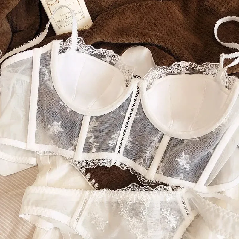 Retro Half Cup Embroidered Lace Bra & Panty Set Push Up Sexy Body Sculpting Lingerie