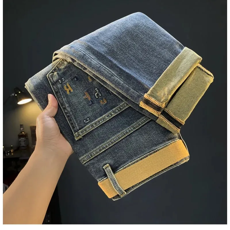 2025 Autumn/Winter Nine Point Jeans Men's Trendy Embroidered New Blue Retro Small Foot Slightly Loose PANTS fashion handsome