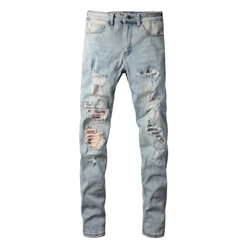 Jean en Denim extensible pour hommes, Patch craquelé, trous déchirés, pantalon Patchwork, Streetwear, bleu clair, pantalon fuselé slim — image 6