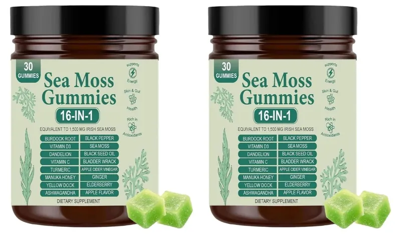 Irish Sea Moss Gummies 1500mg Equivalent 16 in 1 Botanical Blend Apple Flavor Daily Wellness Supplement 30 Count