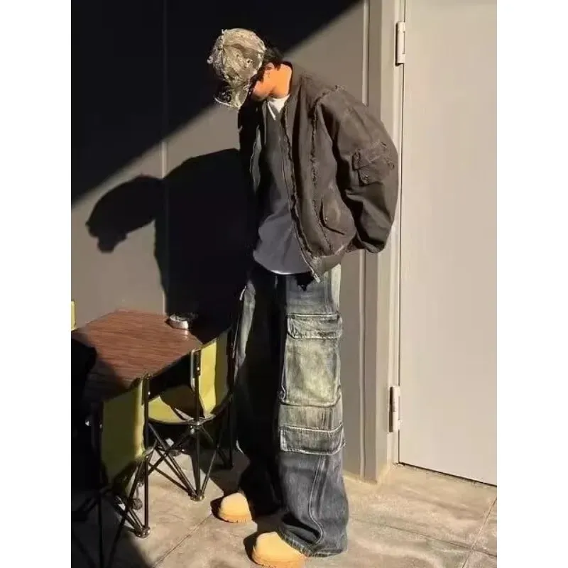Men's Jeans Loose Fit Cargo Straight Leg Pants Vintage Wash Work Pocket Denim Trouser Man Pants Autumn Retro Streetwear