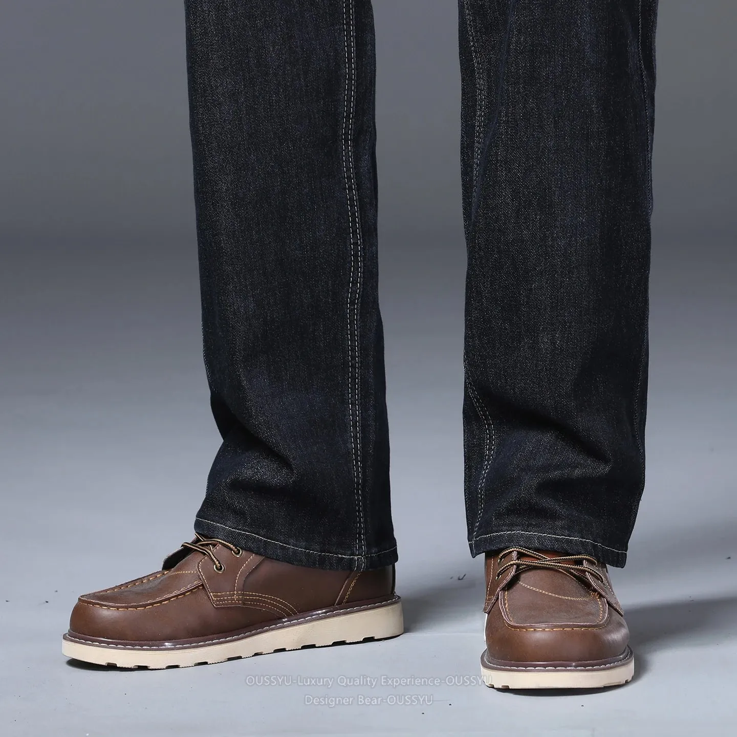 High Quality Autumn Winter Baggy Men's Jeans Loose Straight Cotton Business Thick Casual Solid Color Trousers Male Plus Size 40