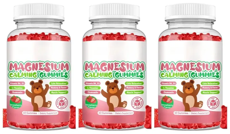Magnesium Glycinate Gummies Strawberry Flavor with L-Theanine Vitamin B6/D3 Helps Reduce Stress and Support Muscle & Bone Health