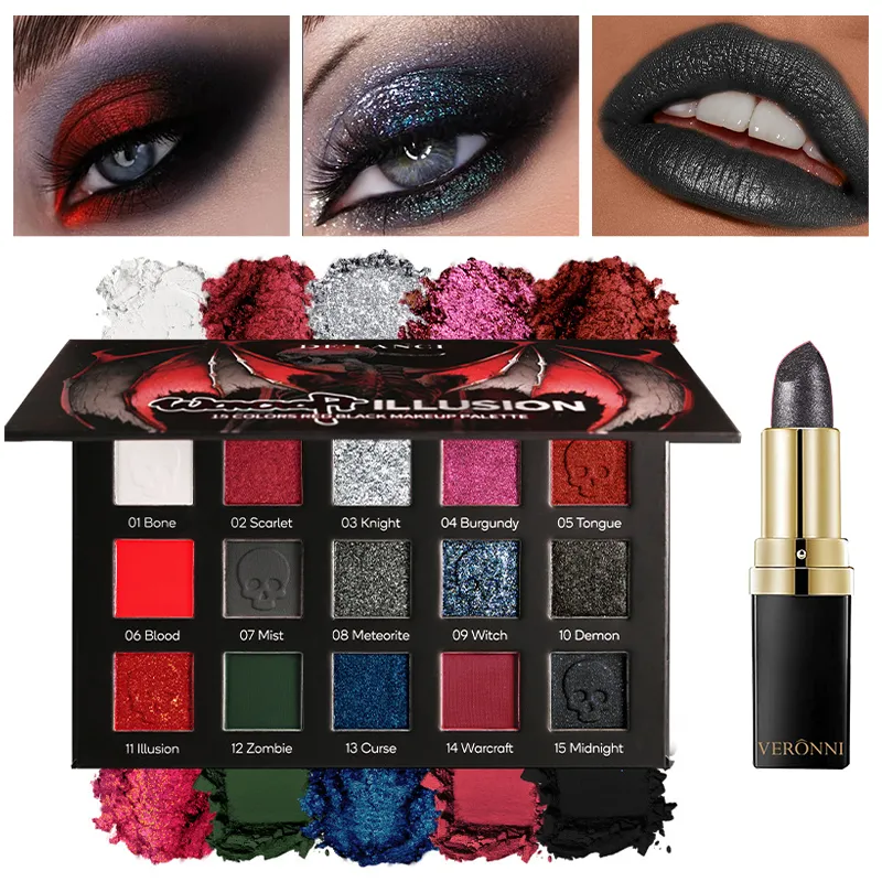 Gothic Eyeshadow Palette 15 Colors & Black Lipstick - Dark Romantic Smoky Eye Vampire Halloween Makeup Matte Shimmer Dark Lip