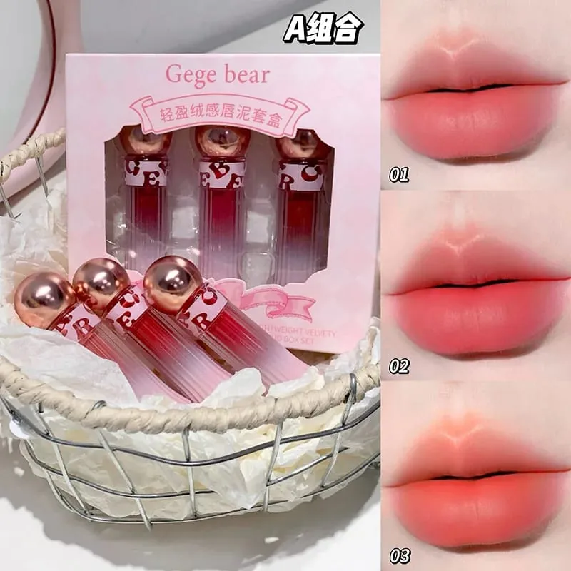 Conjunto de brilho labial fosco em 3 cores, hidrata longa duração, à prova de água, suor, sem transferência, batom líquido, 1 caixa