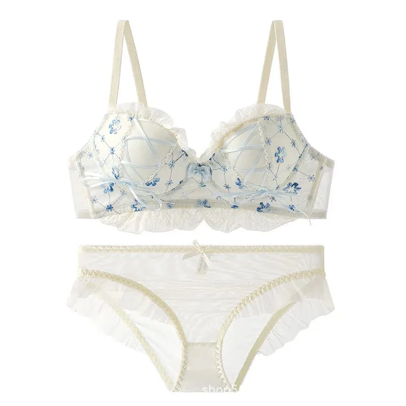 Underwear Sweet and Cute Lace Lingerie with Briefs Set Girl Heart Fresh Steel Ring Gathered Thin Bra Set Push Up Bralette