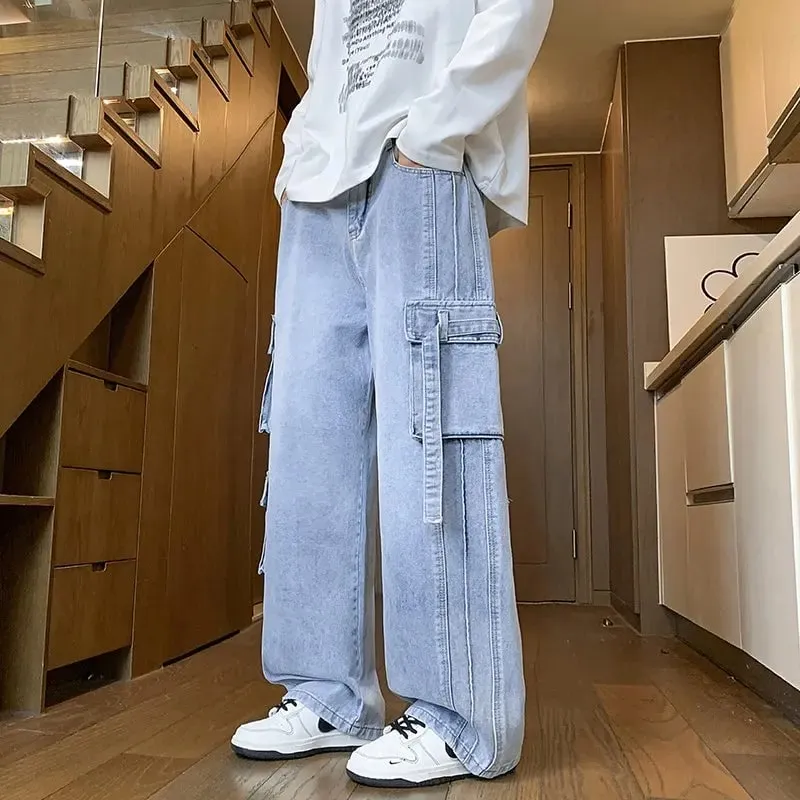 Autumn New Men's Loose Jeans Multi-pocket Work-wearing Jeans Street Hip-hop Straight Wide-leg Pants Baggy Dance Pants