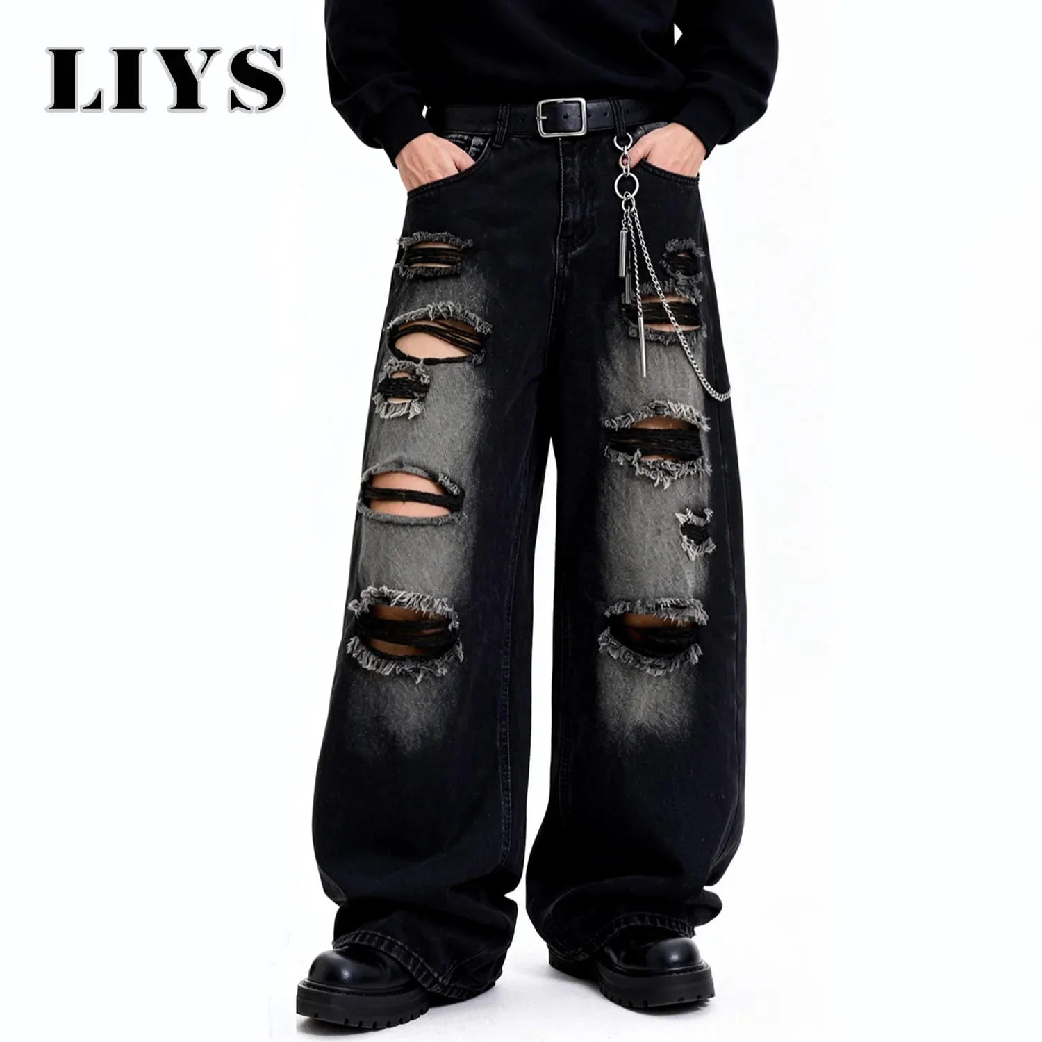 American Street Retro Men's Black Baggy Wide Leg Ripped Jeans Gothic Tear Style Unisex Loose Straight Leg Denim Pants Clothes