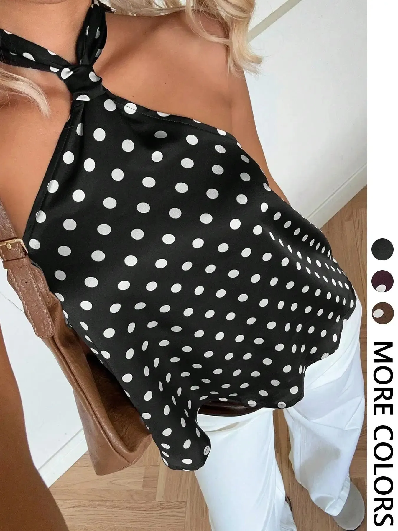 Women's Fashion Polka Dot Print Halter Necktie Top One Piece Round Dot Patterned Halter Style Vest-Style Upper Apparel
