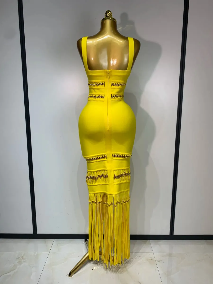 Mulheres sem mangas sexy gola quadrada borla bodycon bandage vestido celebridade elegante festa de noite vestido de aniversário de alta qualidade — image 4