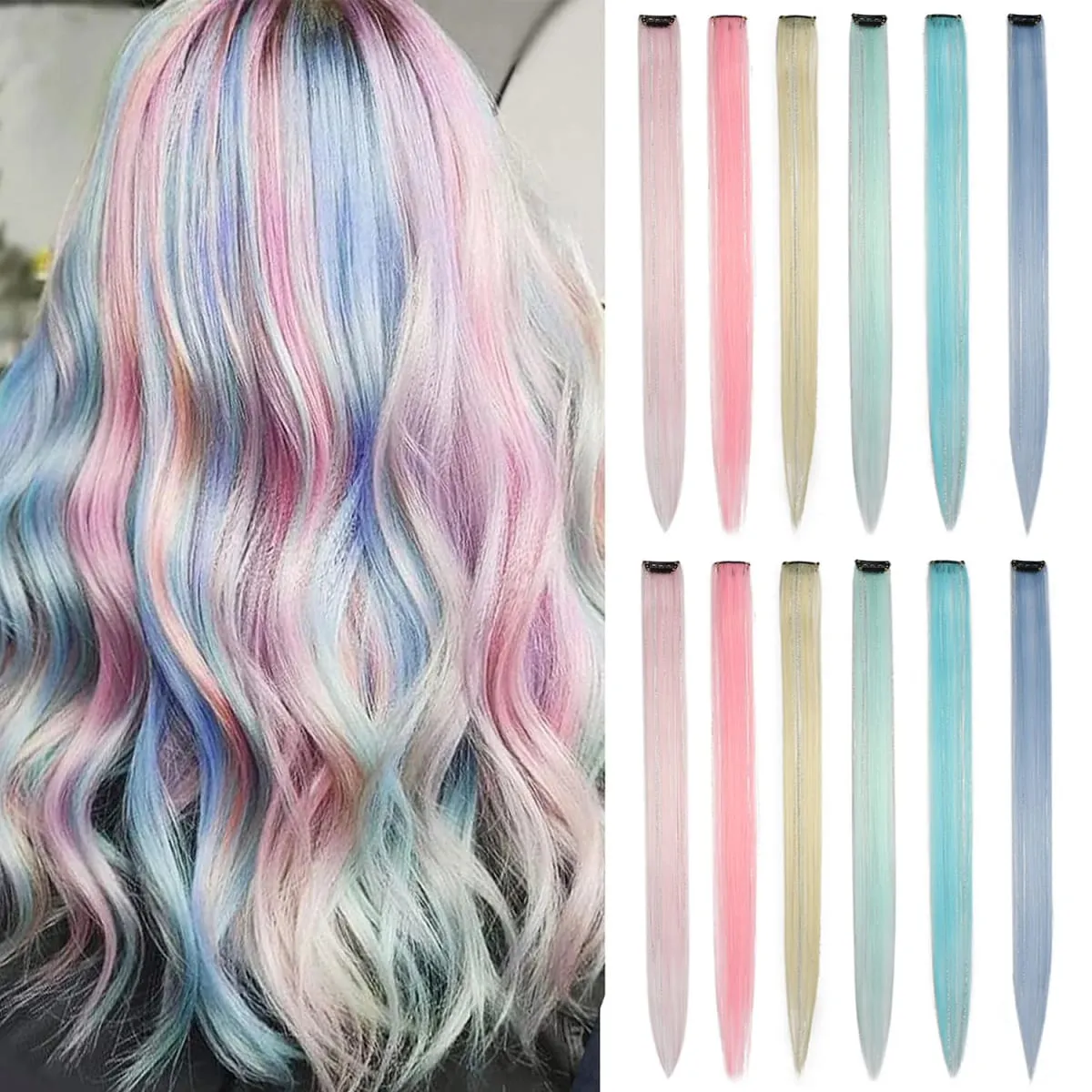 Multicolor Clip in Hair Extensions Mix tinsels Colored Hair Extensions 2 in 1 Rainbow Hair with Silver Tinsels for Kids Girls