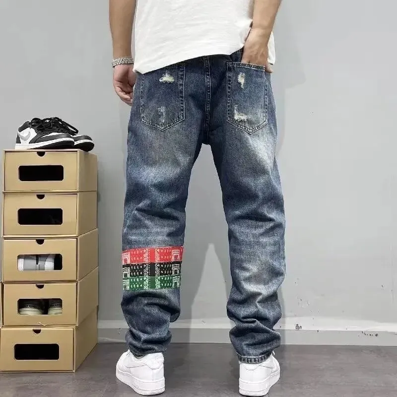 Jeans elasticizzati a gamba dritta strappati di nuova tendenza della moda primaverile e autunnale per jeans sportivi di fascia alta allentati casual retrò da uomo 28-36