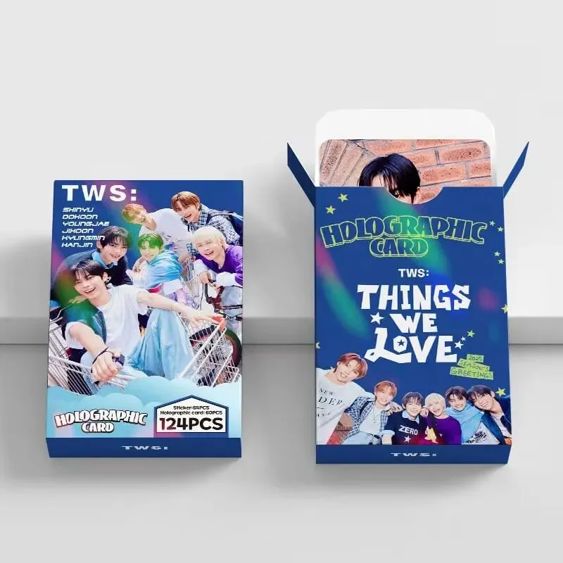 124-piece laser card set featuring Korean boy band TWS (Taiwanese pop music) shimmering photos perfect for Instagram interior