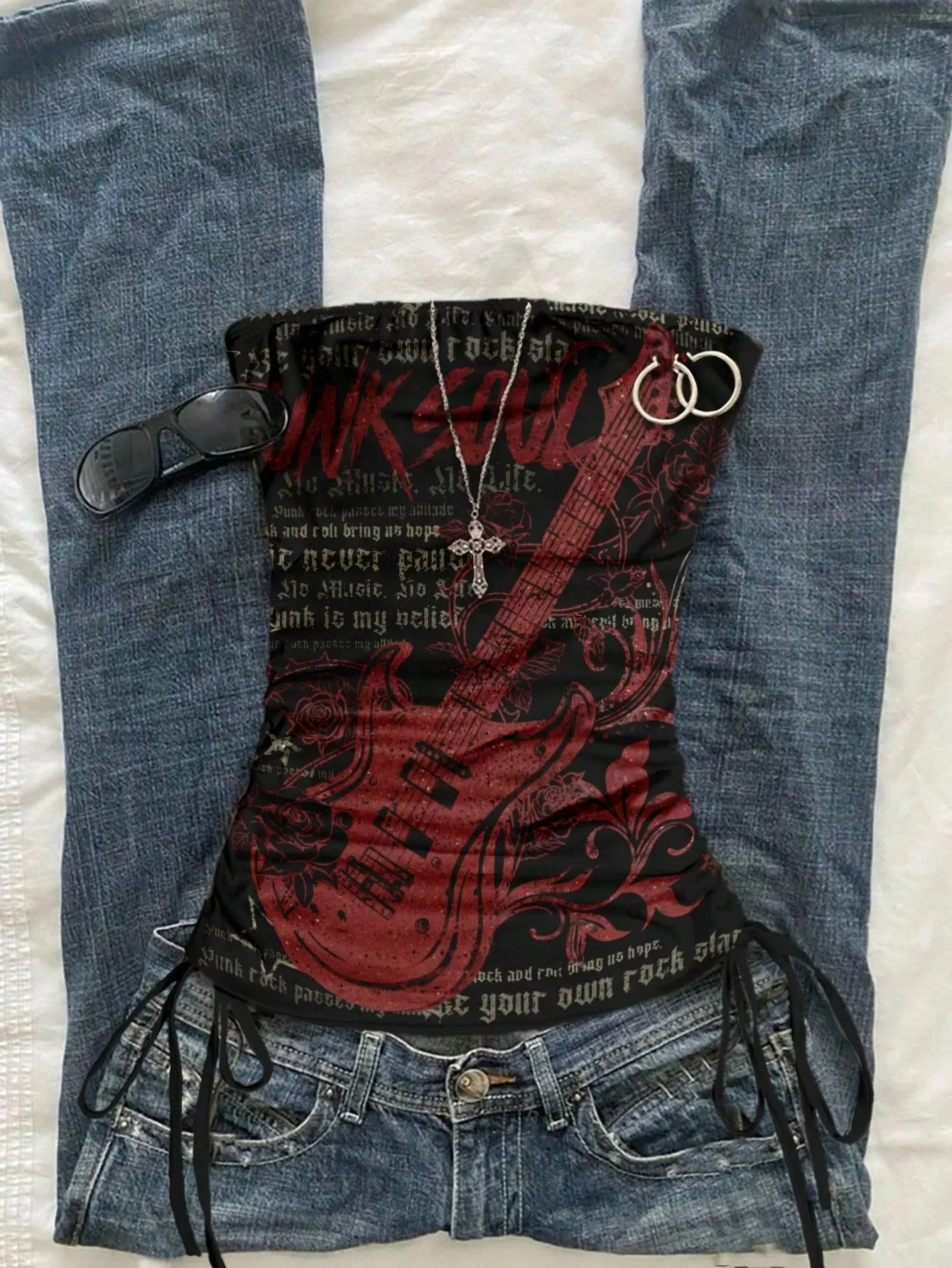 Women's Casual Retro Drawstring Front Cut Vest Suitable for Y2K and Guitar Prints in Spring and Summer