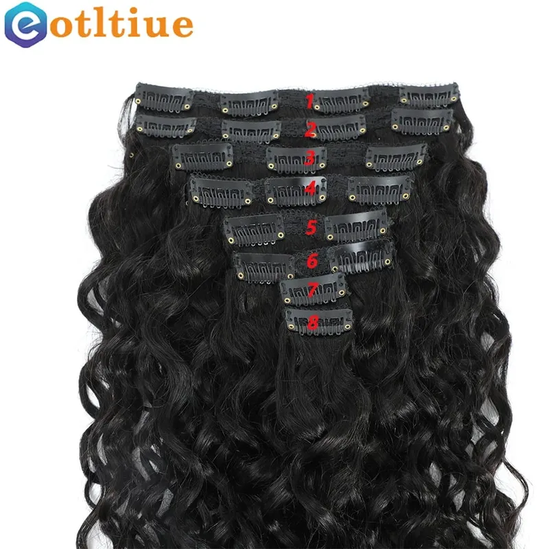 Water Wave Clip In prodlužování vlasů Lidské vlasy Brazilské lidské vlasy 8 kusů a 120 g/sada Natural Color 12-26 Inches Remy Hair