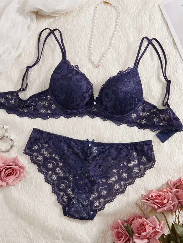 Single of Women's Underwear Set Sexy Floral Lace Push Up Bra Romantic Sheer Panties Comfort Lingerie Set