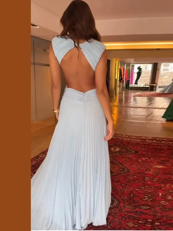 Hollow-out Pleated Maxi Dresses Women's Sleeveless Backless Waist-cinching O-neck Dress 2026 New Ladies Summer Vacation Outfit