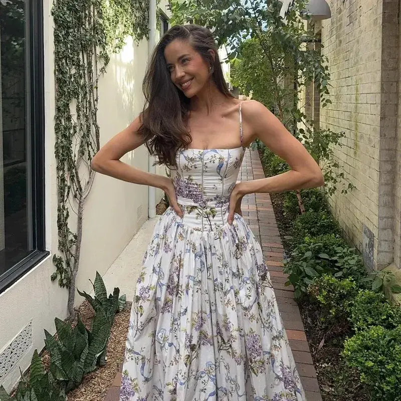 Suninbox Summer Print Strappy Long Dress A-line Casual Beach Vacation Dress for Women