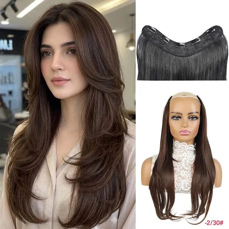 26 Inch Synthetic Clip-In Hair Extension V-Shape Layered Wig for Short to Long Instant Transformation