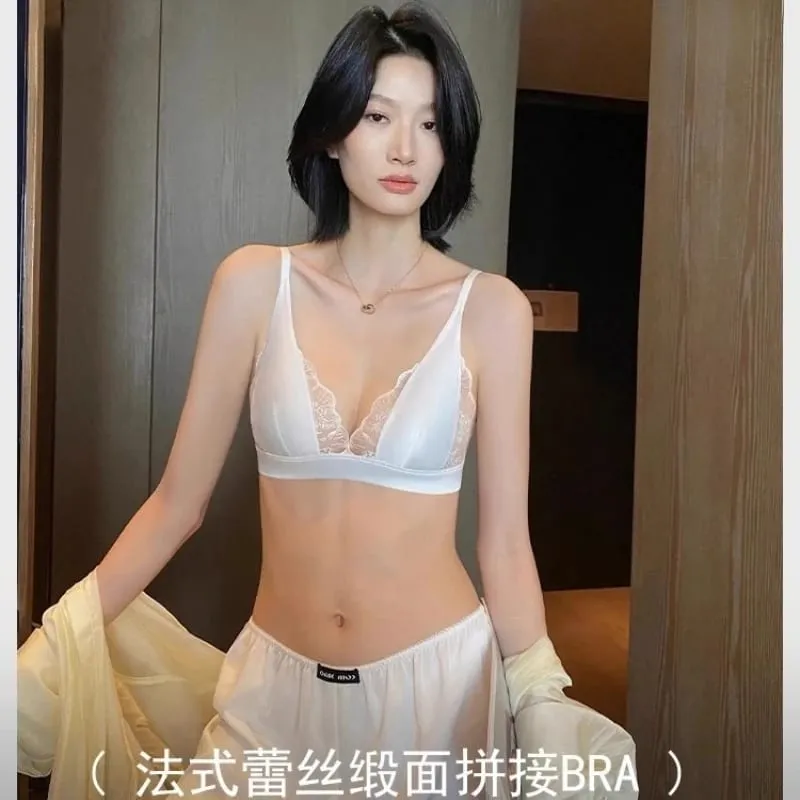 Sexy Summer Bra Sin Aros French Lingerie Encaje Triangulo Pecho Pequeño Bralette Suave Puro Deseo Saten MOYISU 32-38-S-XL AB