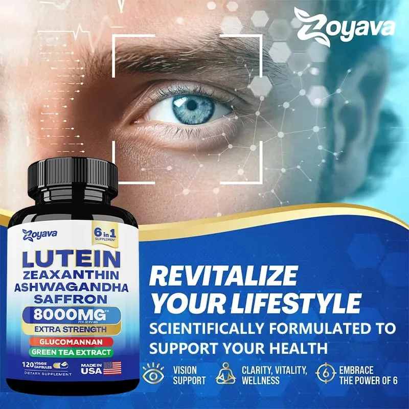 Suplemen Lutein & Zeaxanthin 8000 Mg Vitamin Mata dengan Safron untuk Dewasa Suplemen Kesihatan Mata Menyokong Penglihatan