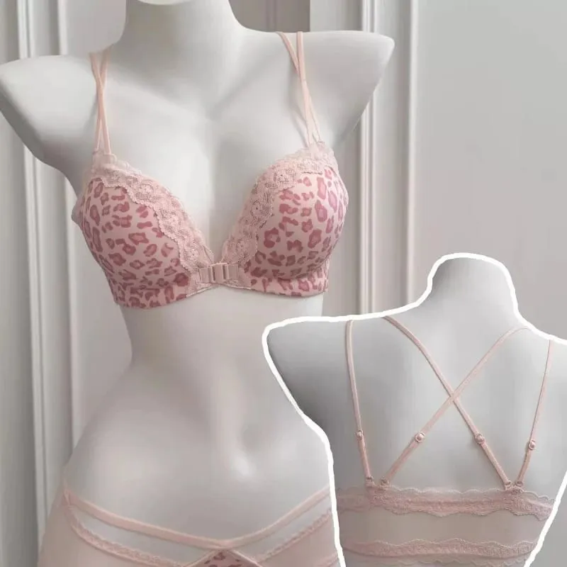 Victoria Style Wireless Lingerie Set Pink Leopard Pattern Front Closure Bra Sensual Back Push Up for Small Bust 32-38