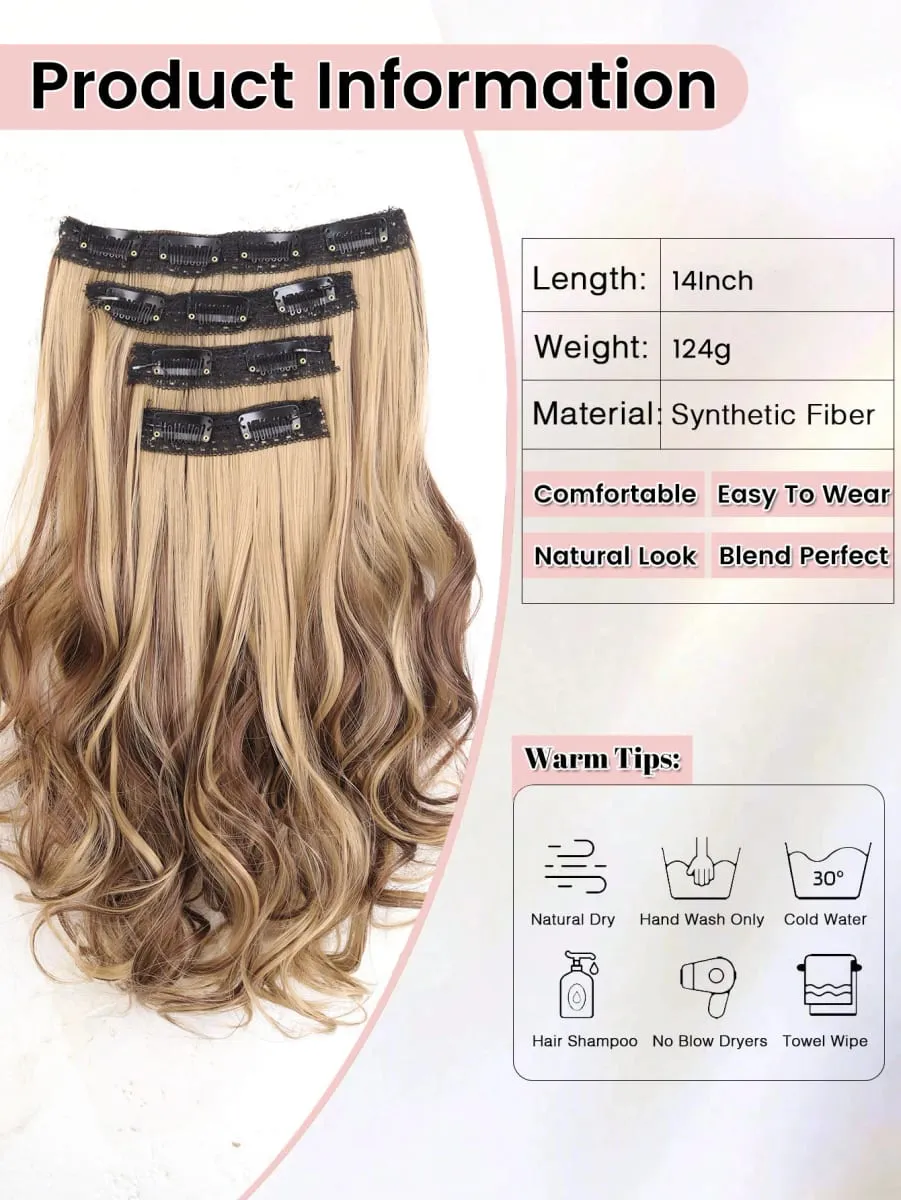 4PCS Full Head 14 Inch Long Curly Wavy Synthetic Hair Pieces Clip In Hair Extensions Natural Wavy For Women Girls Hair