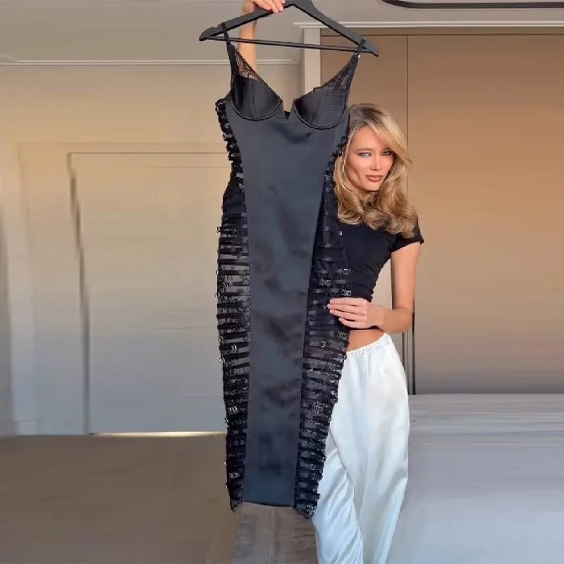 Women's Sexy Side Perspective Lace Dress Black Buckle Satin Mesh Panels Midi Dress Stylish Lady Date Club Party Trend Clothes — image 2