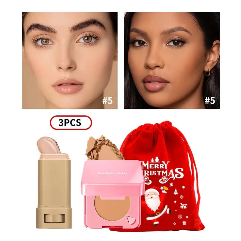 3Pcs Foundation Stick Face Pressed Powder Compact with Christmas Drawstring Bag Long Lasting Matte Face Cosmetic Christmas Gift