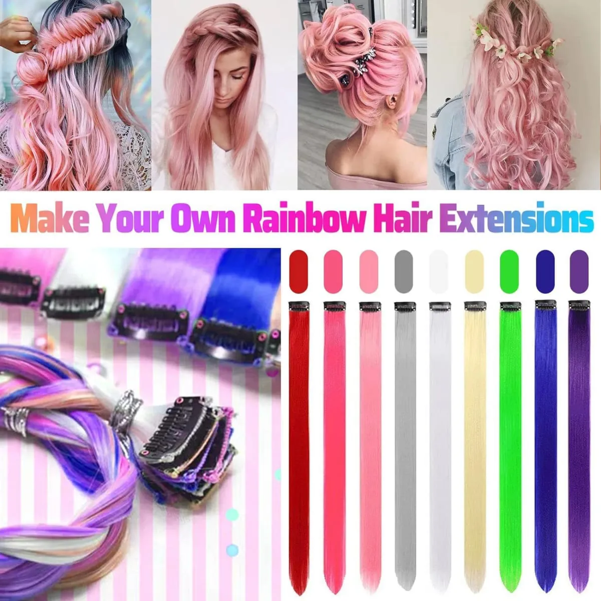 6 Pcs Clip Ins Hair Extensions 22 Inch Straight Colorful Clip In Hair Extensions Rainbow Party Highlights Synthetic Hairpiece