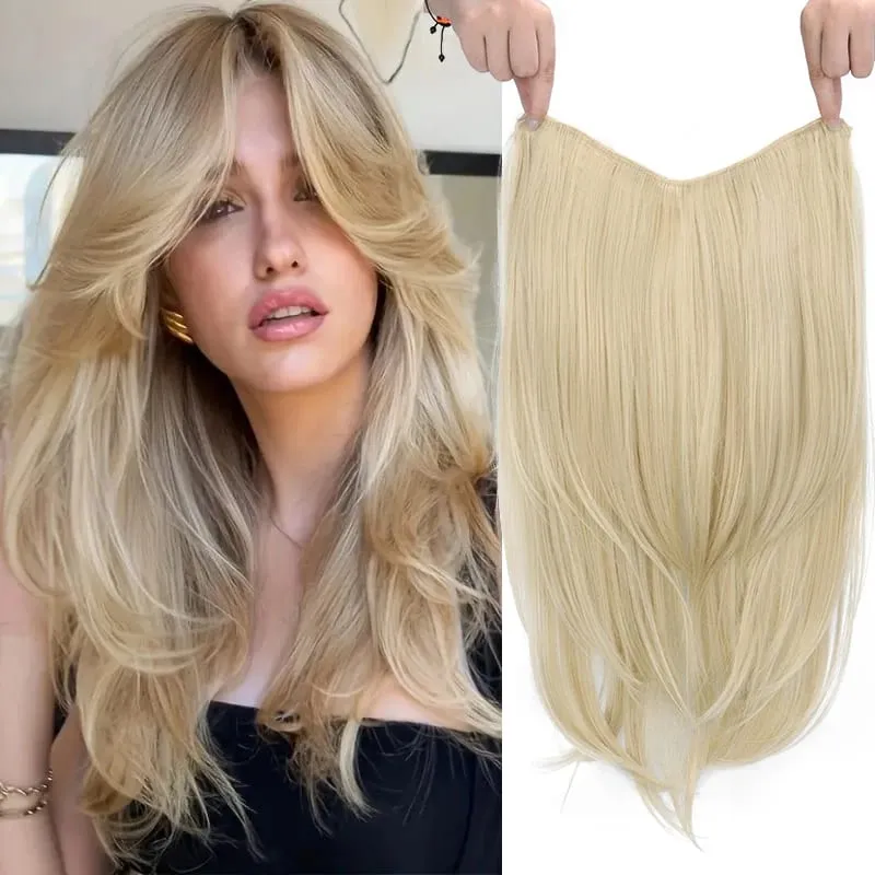 22Inch Synthetic Long Straight V-Shaped Layered Clip-In Hair Extensions for Women Invisible Seamless Hairpiece for Women