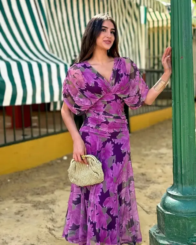 Wanita Padat Dalam V-leher Mesh Gaun Panjang Elegan Puff Lengan Pendek Pinggang Ruched Vestidos Tinggi 2026 Musim Panas Wanita Kasual Jubah Jalanan
