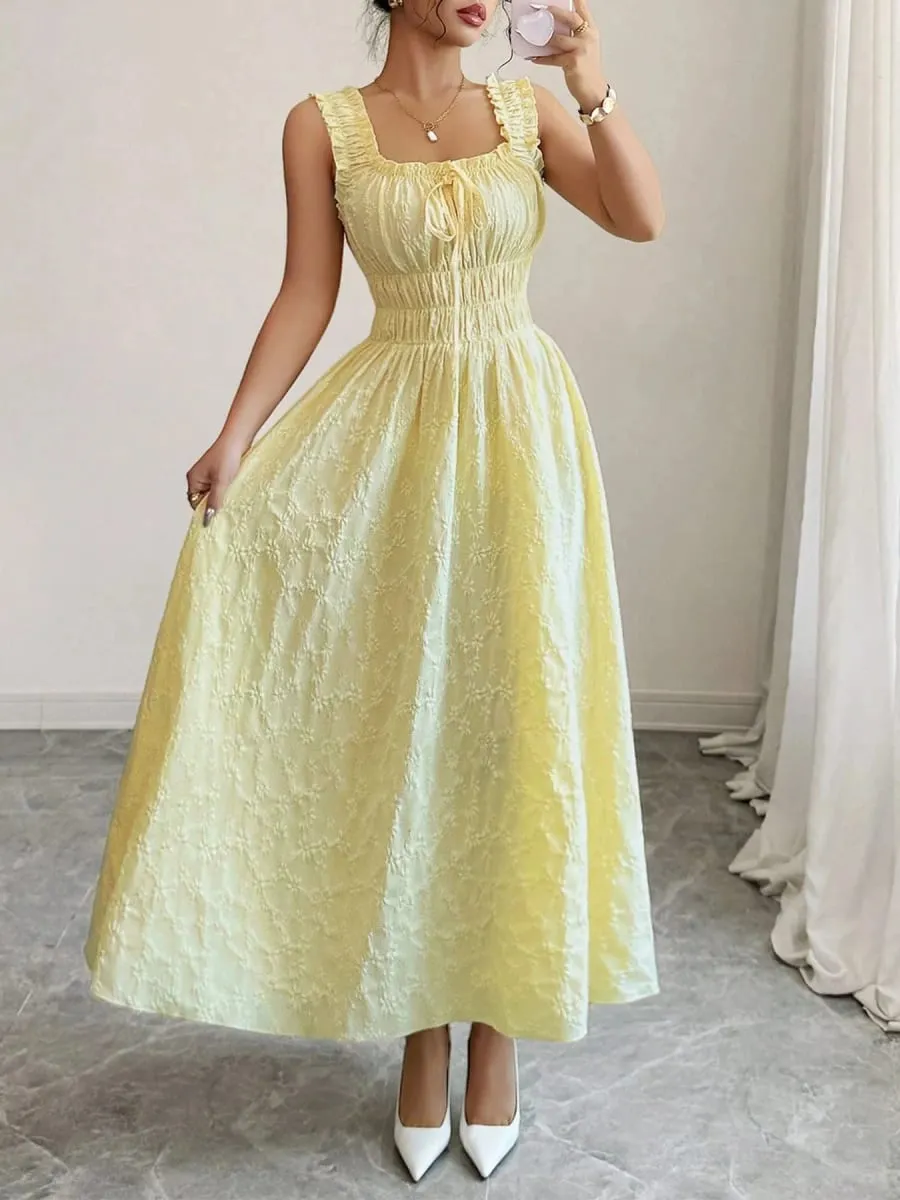 Vacation Essential Yellow Smocked Midi Dress Chic Beach Party Date Night Dress