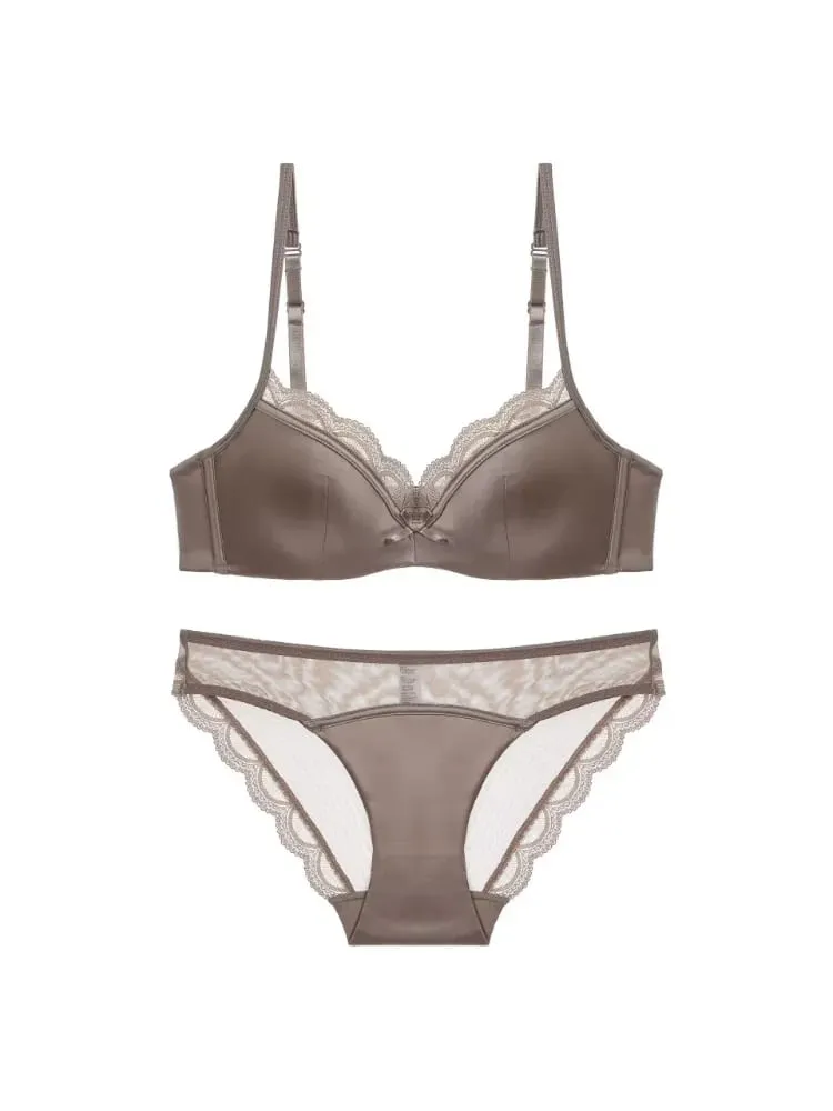 Summer Seamless Lace Bra Set for Small Bust Soft Wire Anti-Sagging Slimming Bralette & Panty Lightweight Lingerie Sexy Set