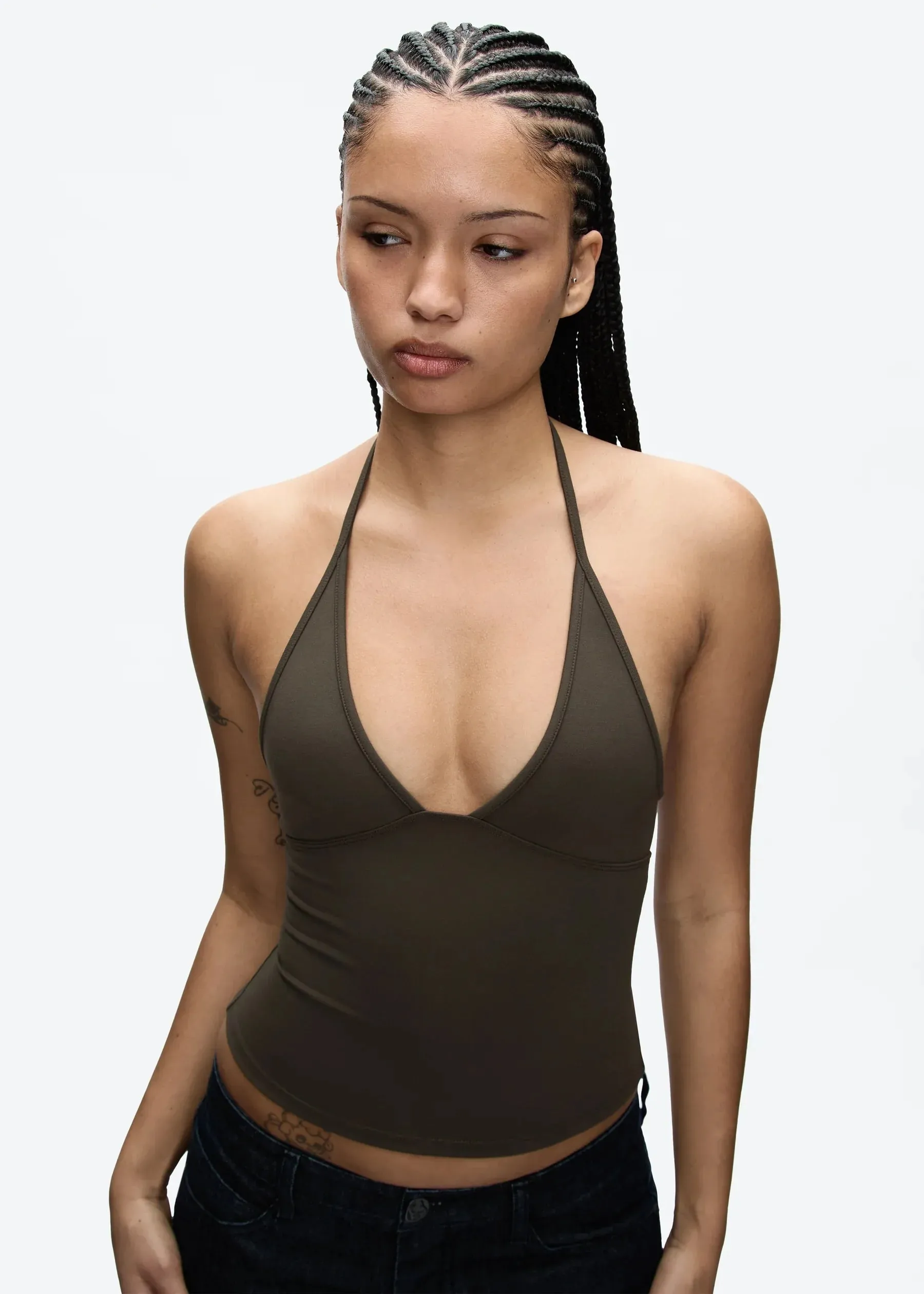 Tank Deep V Halter Neck Camisole Slim Fit Short Crop Top Tight-Fitting Waist-Cinching Backless Tank Top Versatile Outerwear Solid Color Base Shirt for a Spicy Look