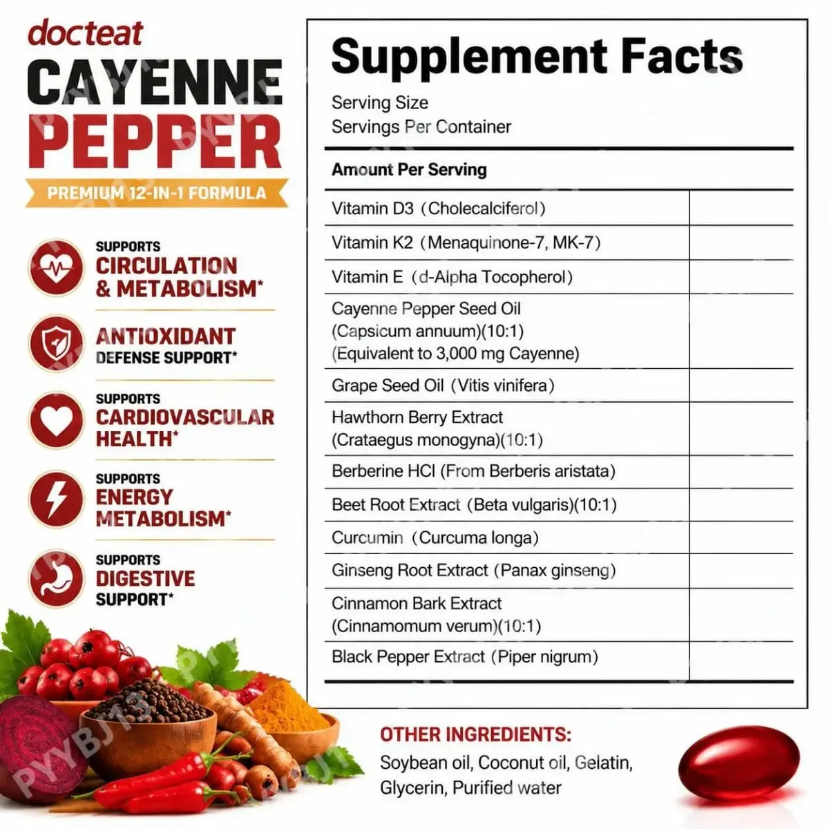 Docteat Cayenne Pepper Softgels with Vitamin D3 and K2 Energy Metabolism and Digestive Support Antioxidant Defense 180 Softgels