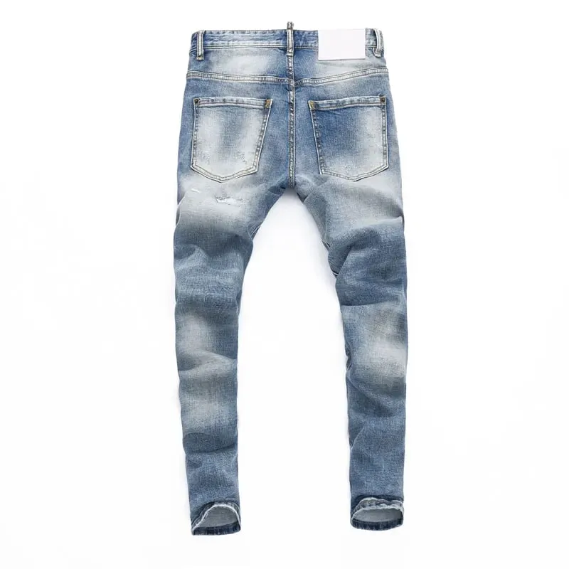 Light Blue Men's Slim Fit Jeans Elastic Waist Distressed Hip Hop Brand Fashionable Nostalgic Washed Color Patch Jeans