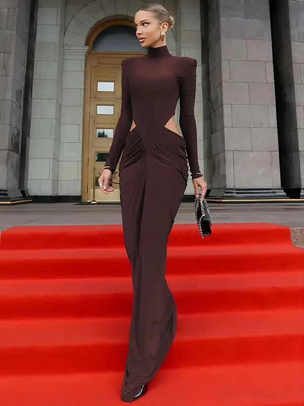 Mozision Turtleneck Long Sleeve Sexy Maxi Dress Women Elegant Autumn Winter Hollow Out Ruched Club Party Long Dresses Female