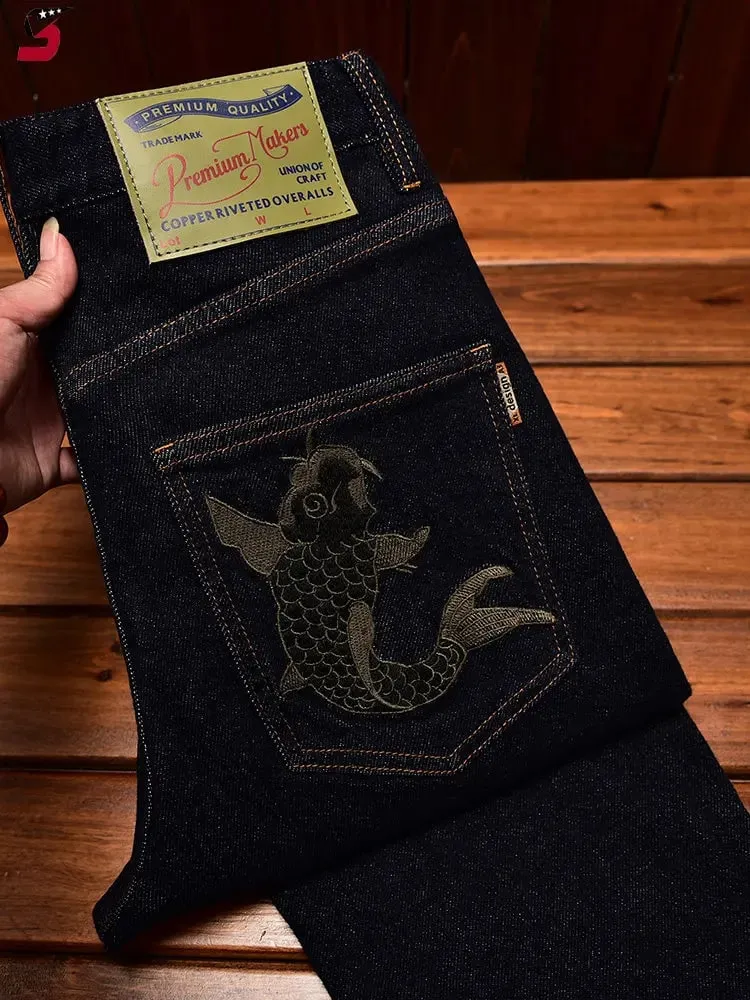 High end trendy Chinese style embroidered printed jeans men's fashion design slim fit small feet elastic denim pants