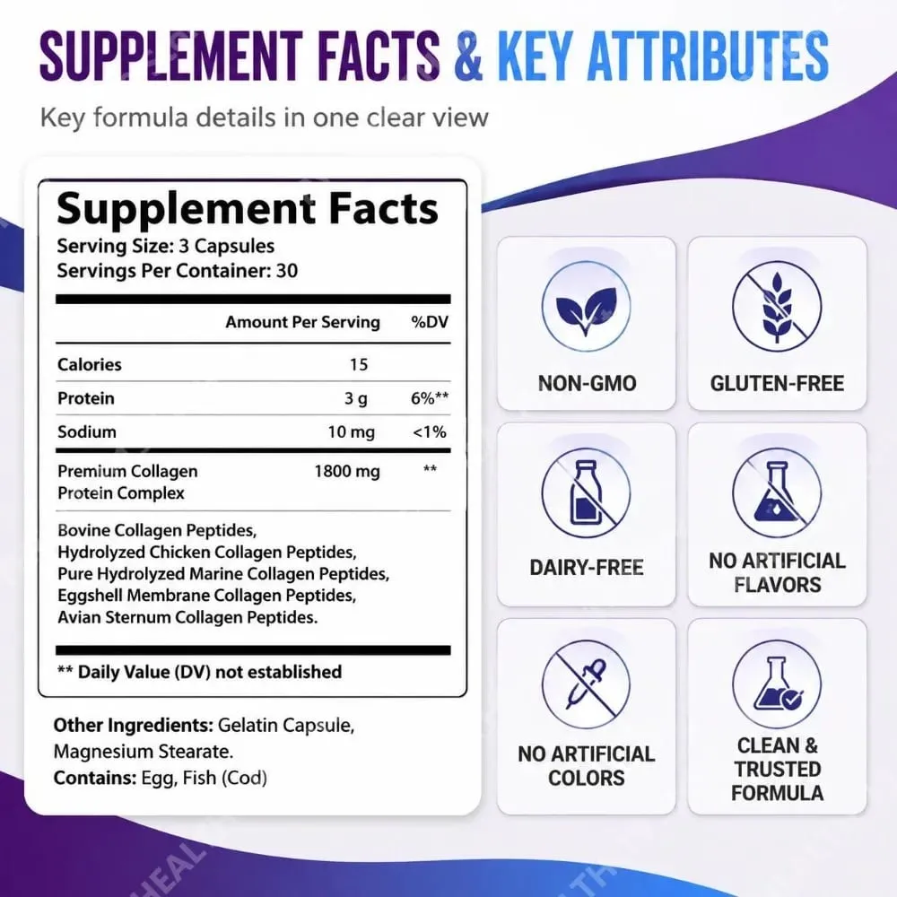 Collagen Peptides Capsules with 5 Types of Collagen for Joints Bones Skin Hair & Nails Wellness Support Adults 90 Capsules