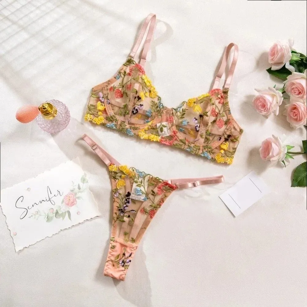 Sheer Intimates Transparent Lingerie Set Push Up Ultra-thin Embroidery Floral Underwear Elegant Panties Bra Set Honeymoon