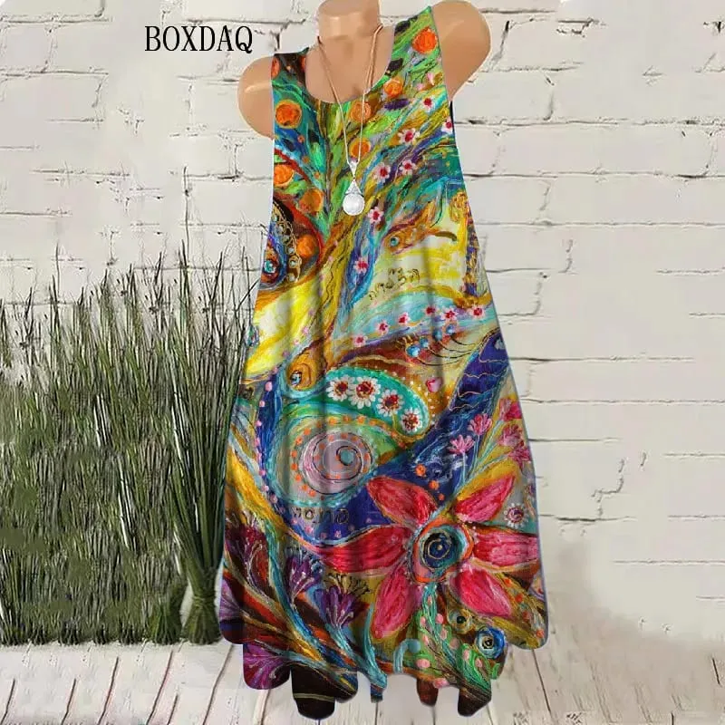 Gradient Kvinnor Vintage Korta Klänningar Ärmlös sommar 3D Tie-dye Street Style Kvinnlig Klänning Lös Casual O-Neck Mini Klänning