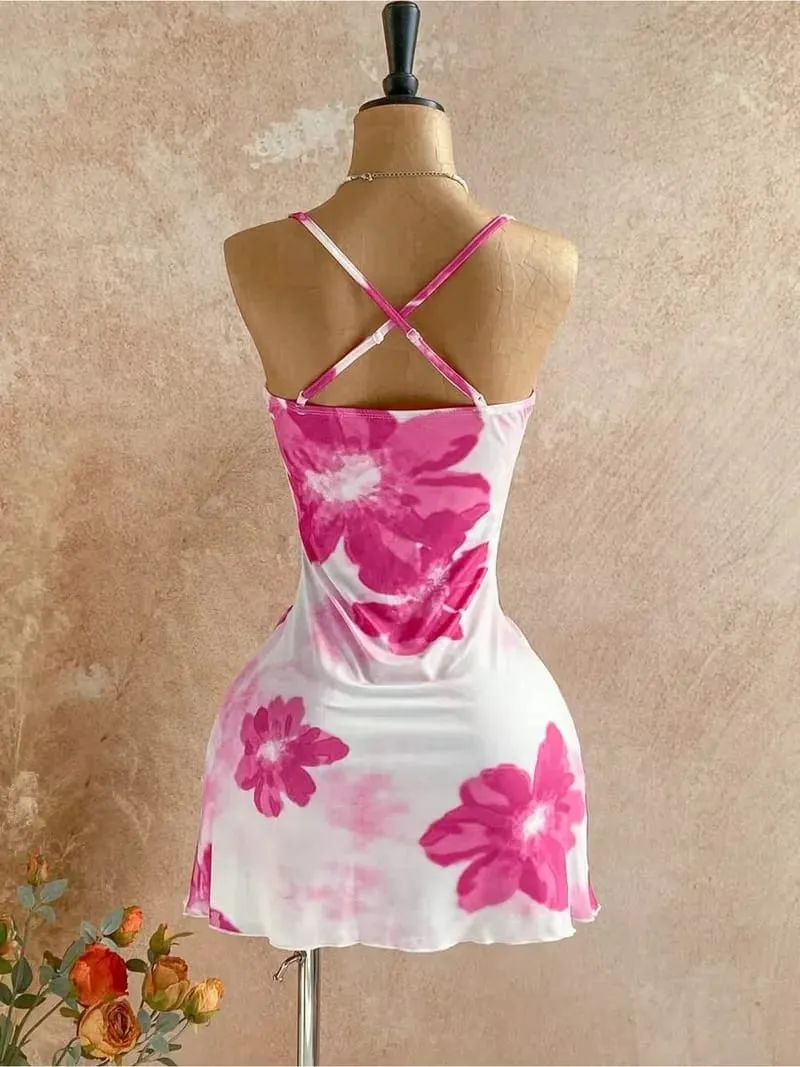 Women Thin Strap Cowl Neck Pink Floral Print Side Ruched Ruffle Hem Mini Bodycon Dress 2026 Summer Tropical Beach Y2K Going Out