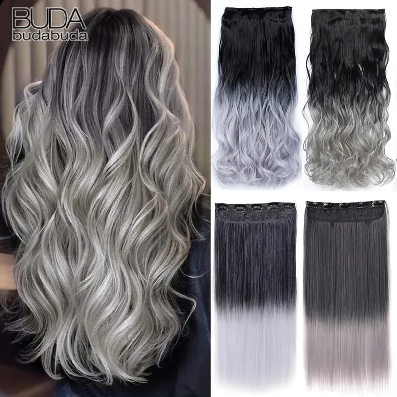 Longo reto encaracolado uma peça 5 clipes clip-in extensões 22 Polegada penteados resistentes ao calor cor mistura loira pedaço de cabelo para mulher
