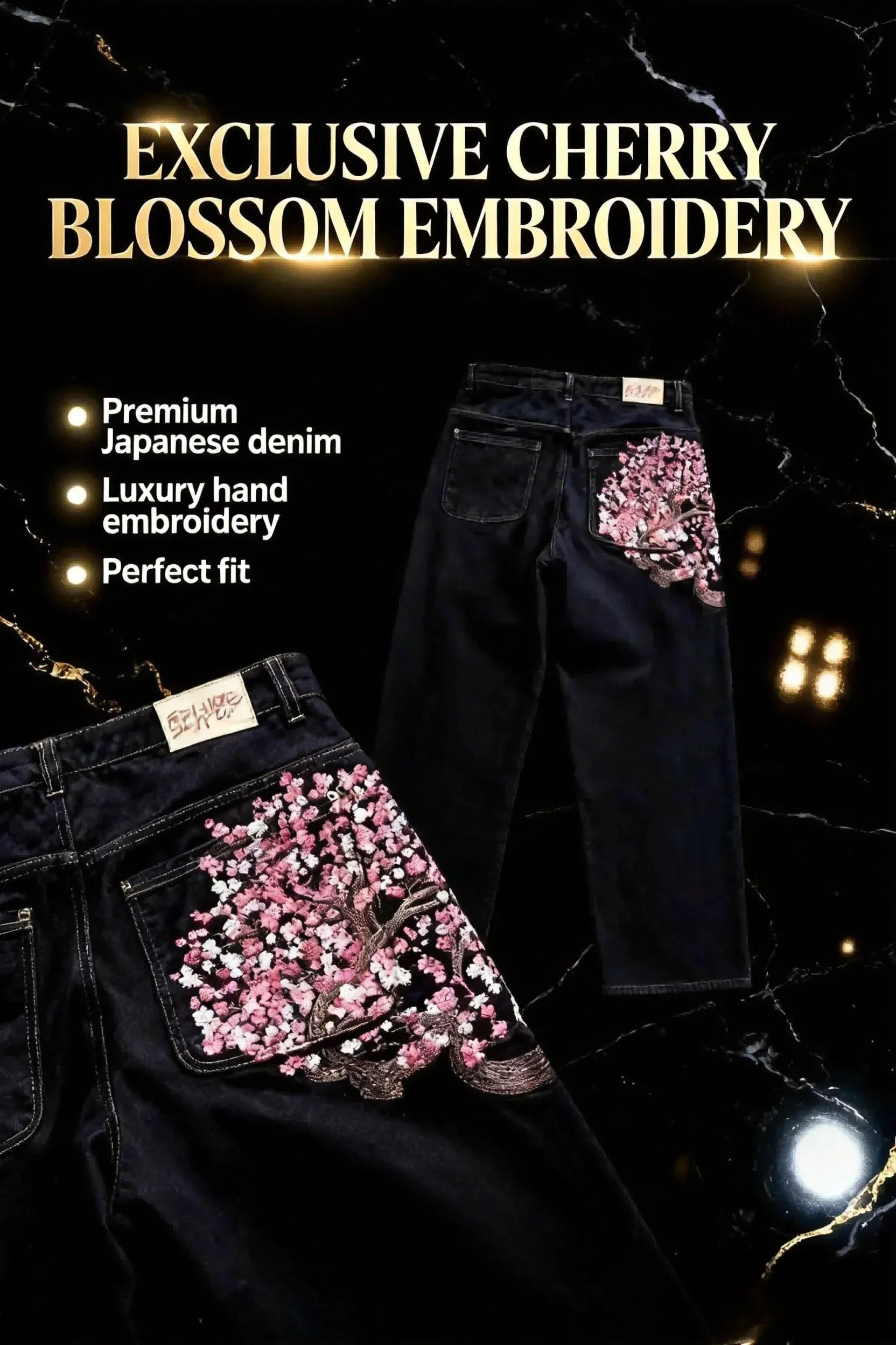 อเมริกัน Retro Pocket Cherry Blossom ปักกางเกงยีนส์ Y2k Vintage Men Casual Baggy ตรงขากว้างขากว้างกางเกง Hip Streetwear