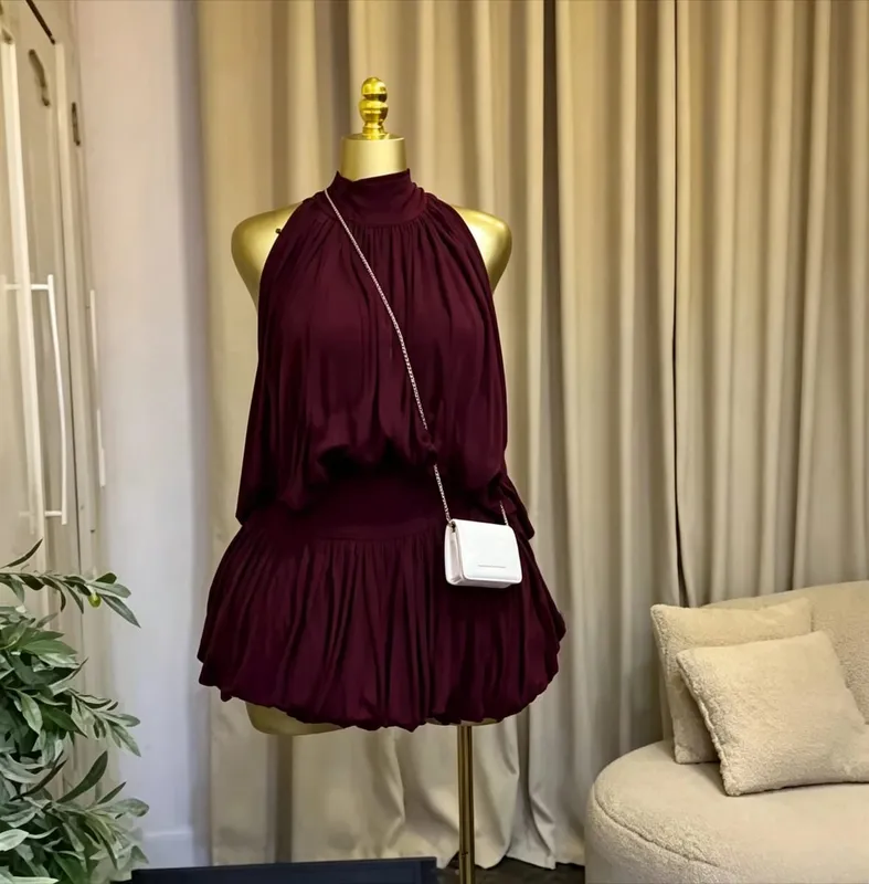 CM.YAYA Women Dress Sleeveless Halter Ruched Ball Gown Mini Dress with Shorts 2026 Beach Party Elegant Holiday Birthday Outfits