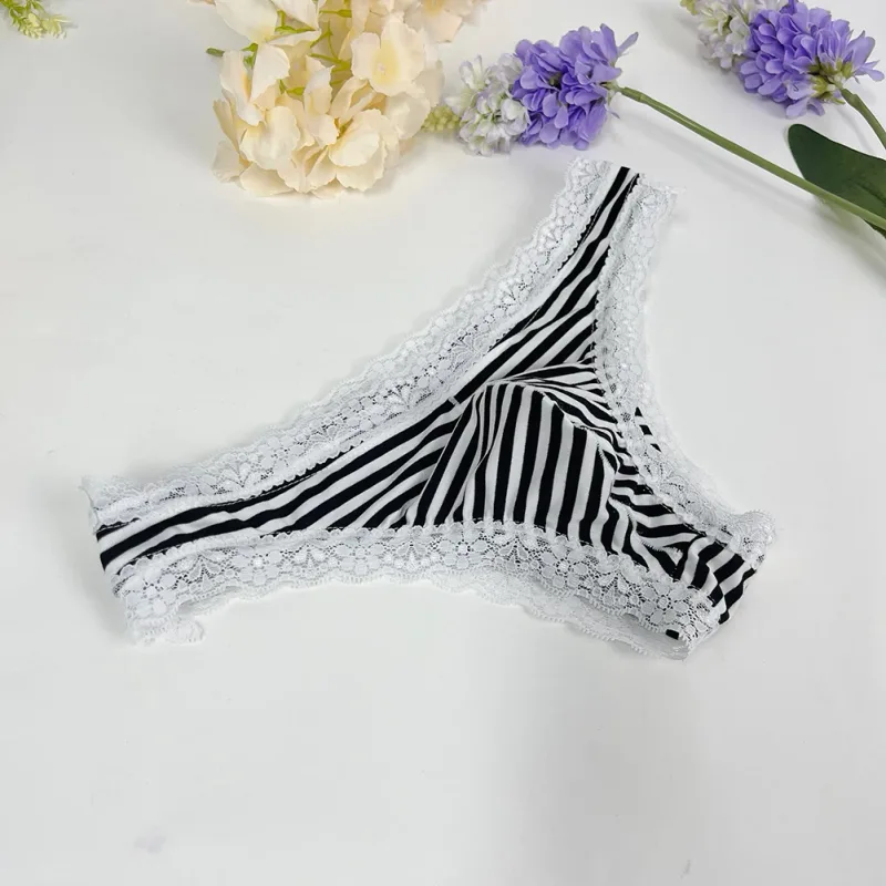 Men Lace Trim Striped G-string Underwear Half-covered Butt Low-rise Pantie Thong Half Hip Men Briefs Mens Sexy Underwear