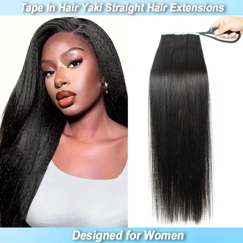 20Pcs/Pack Real Human Hair Tape In Hair Yaki Straight Hair Extensions Designed for Women Suitable for Daily Wear Attachment Of All Ethnicities 16-22inch